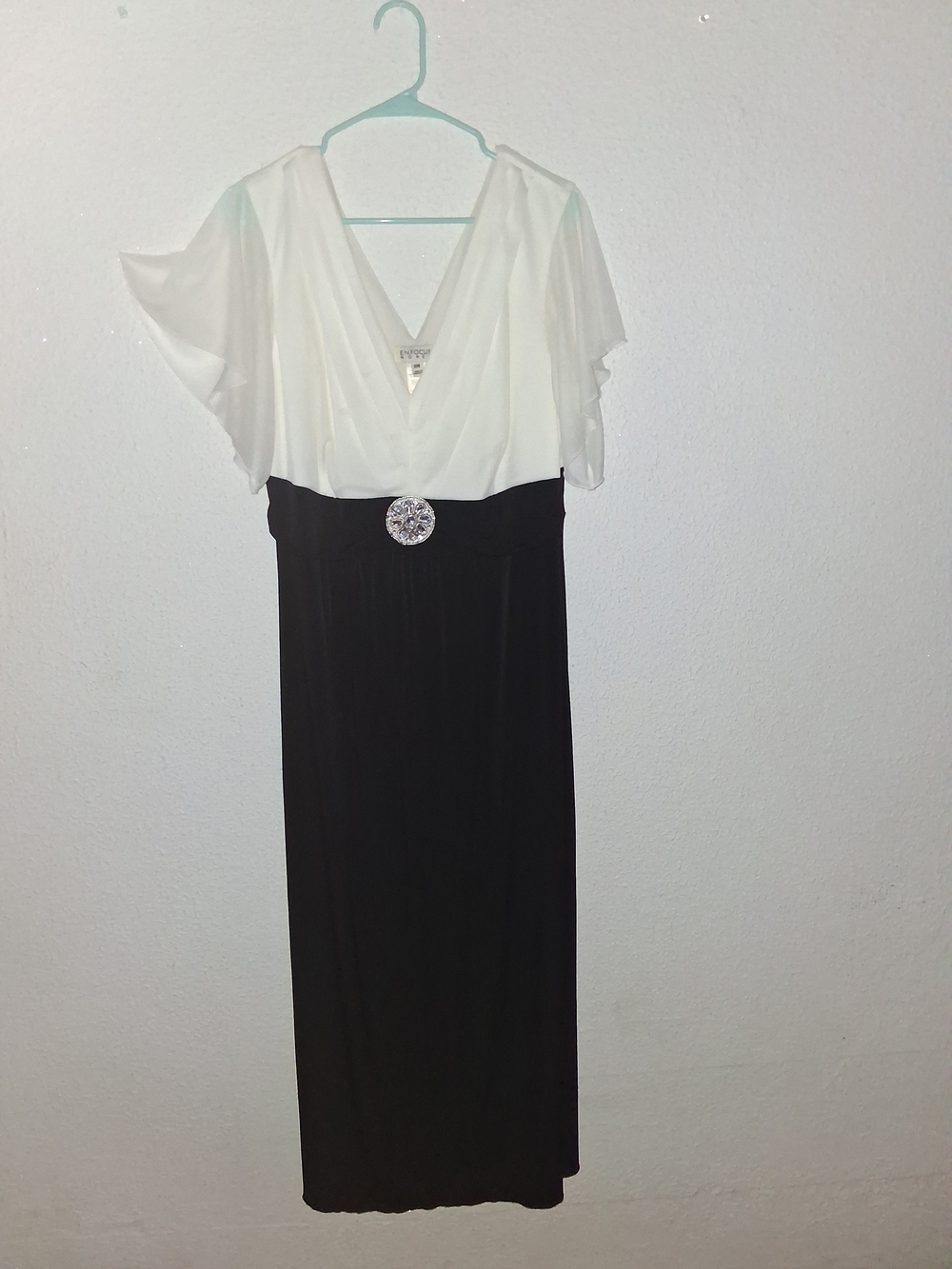 Enfocus Studio White and Black Draped V-Neck Maxi with Rhinestone Medallion 16W